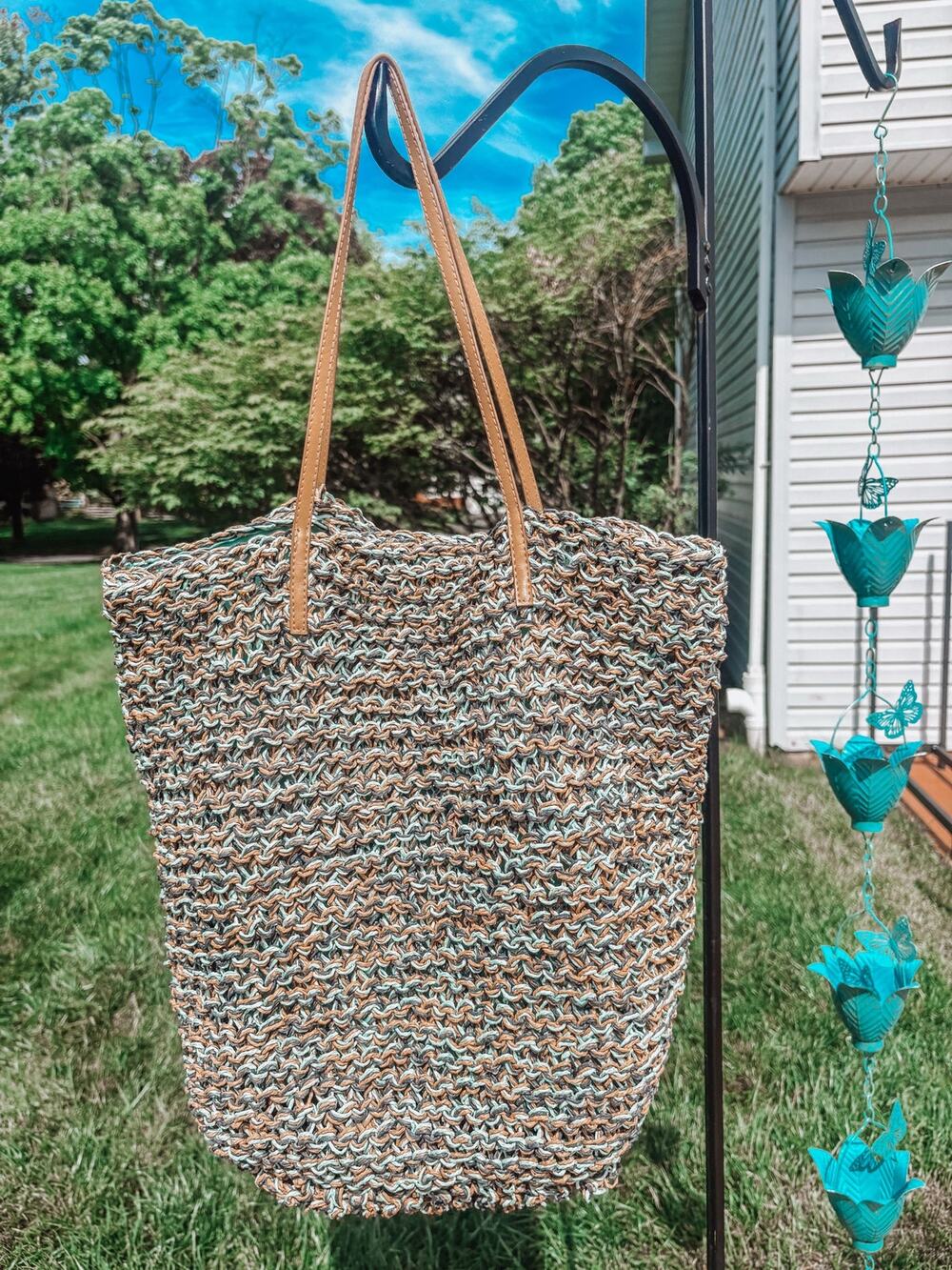 ✨2/$30✨ Slouchy Straw Beach Bag Teal Tan Boho Cottagecore Farmers Market